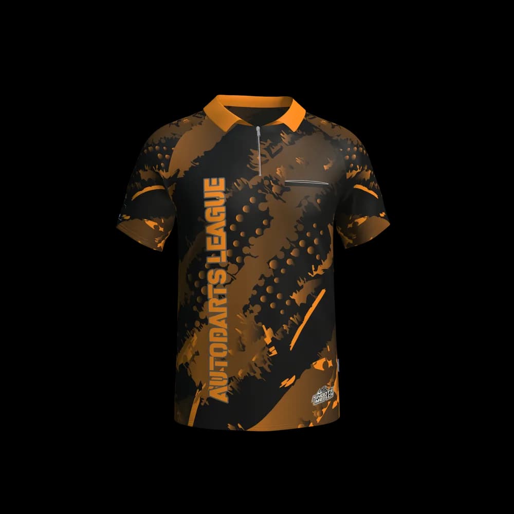Das Community-Trikot von vorne: schwarz-orangefarbenes Muster, Kragen in Orange, seitlich der Schriftzug „Autodarts League“.
