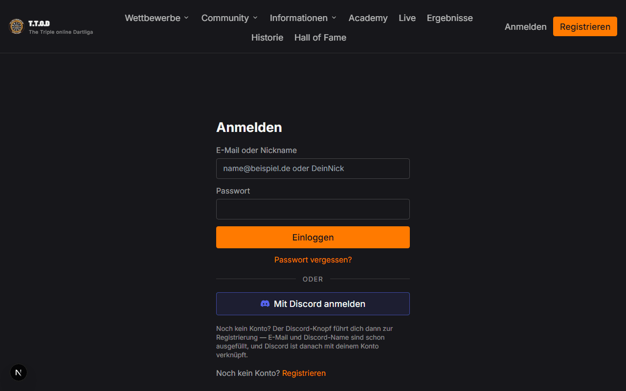 Die Anmeldeseite mit dem Knopf „Mit Discord anmelden“