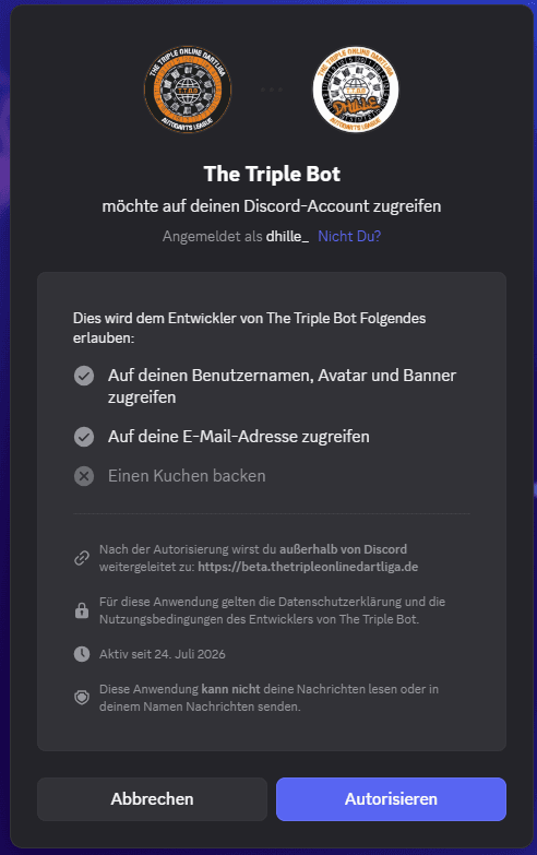 Discord fragt, ob die T.T.O.D. auf dein Konto zugreifen darf