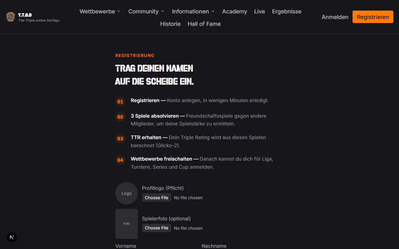 Der obere Teil des Registrierungsformulars