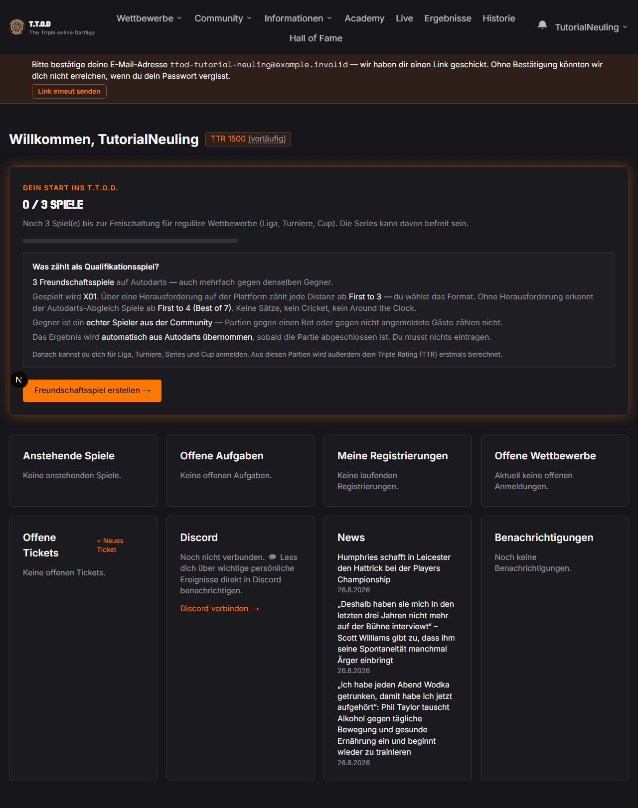 Das Dashboard mit offenen Wettbewerben und deinen Anmeldungen