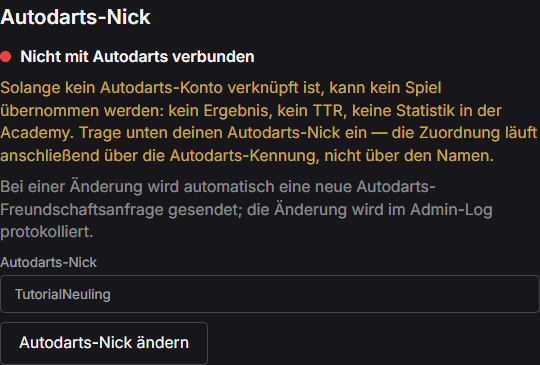 Profil: roter Punkt, noch kein Autodarts-Konto hinterlegt