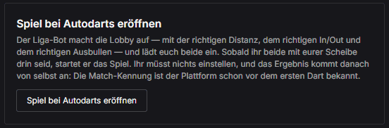 Die Spielseite vor dem Klick: der Kasten „Spiel bei Autodarts eröffnen“